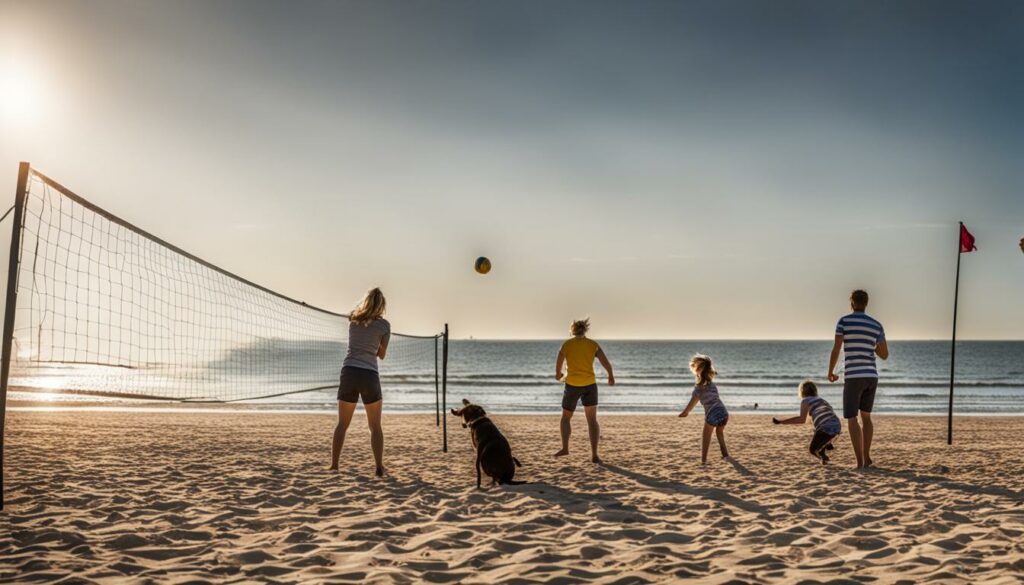 Familie spielt am Strand Beachball