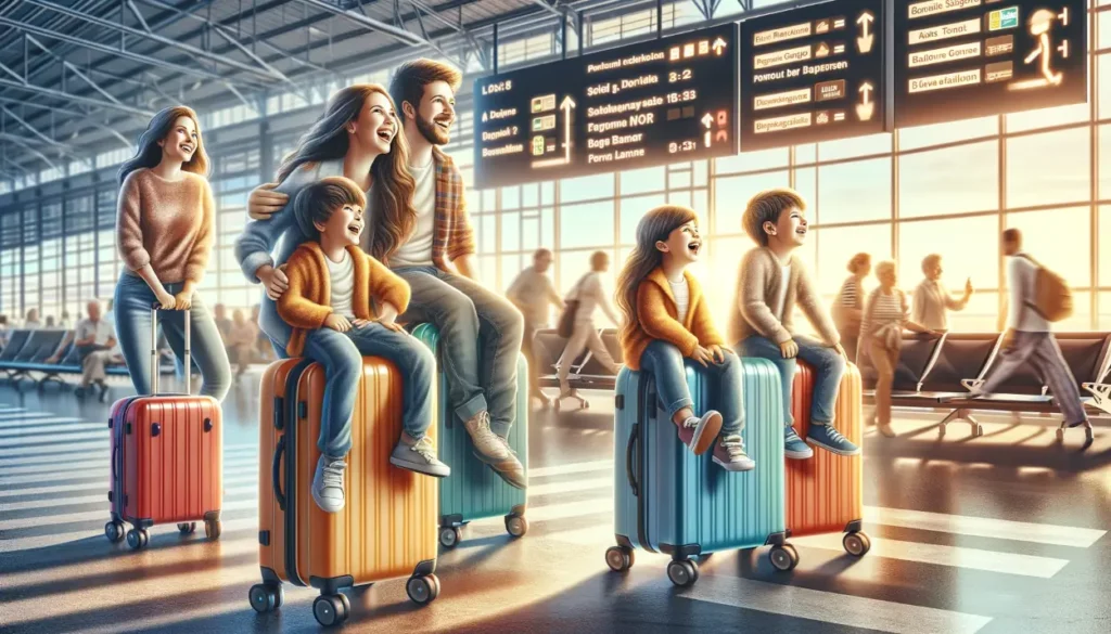 Familie am Flughafen, Kinder sitzen auf Koffer