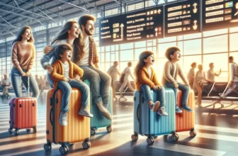 Familie am Flughafen, Kinder sitzen auf Koffer