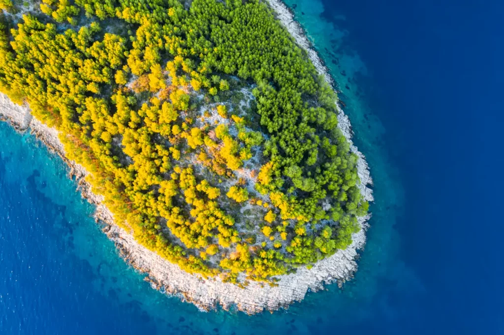Luftaufnahme der malerischen grünen Bucht auf der Insel Hvar, Kroatien