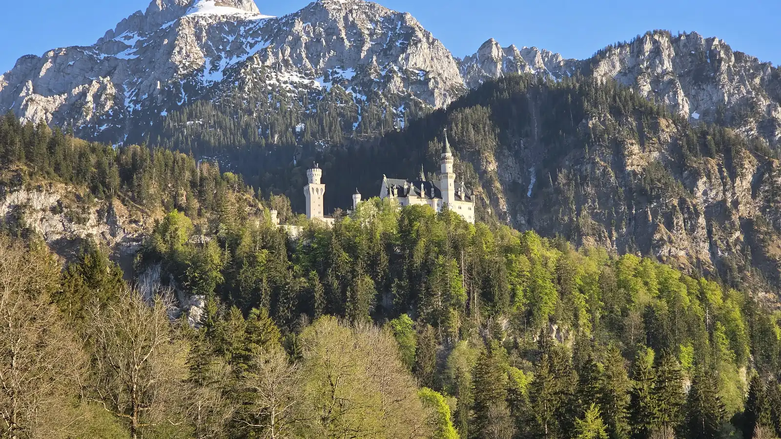 Städtereisen mit Kindern in Deutschland: Schloss Neuschwanstein vor den Bergen im Frühling