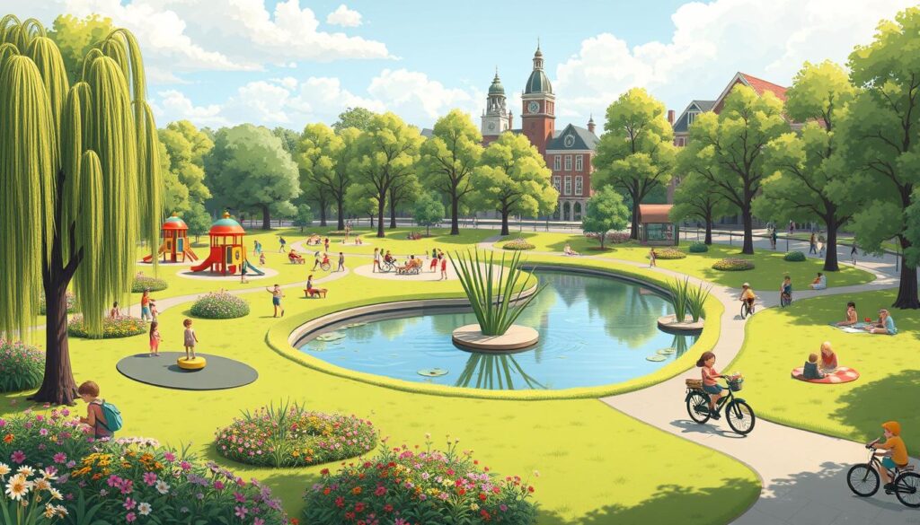 Städtereisen mit Kindern Amsterdam Comic Bild einer Parkanlage