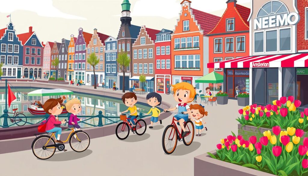 Comic Bild Kinder auf dem Fahrrad in Amsterdam