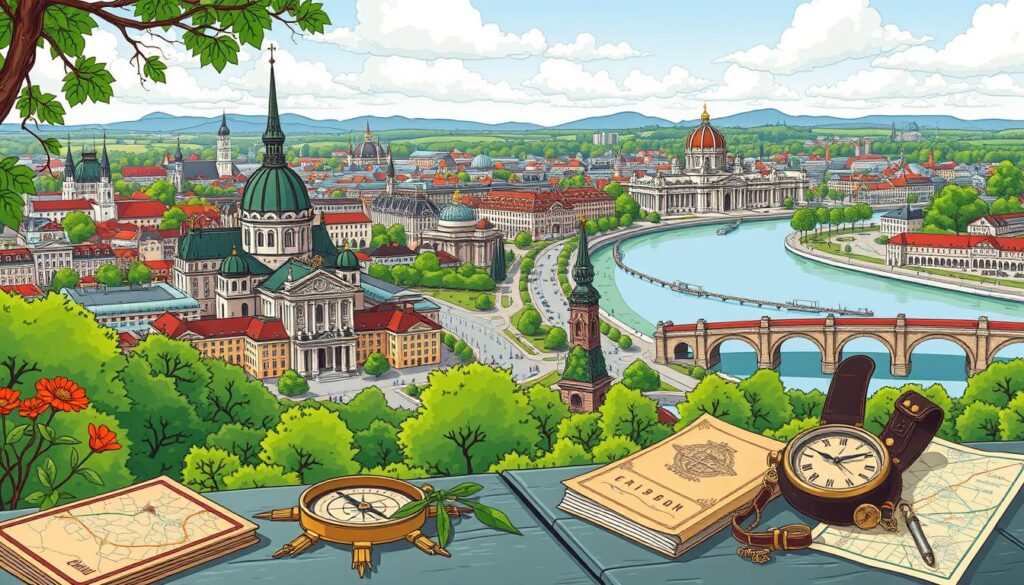 Comic Bild der Stadt Dresden mit Karten und Kompass