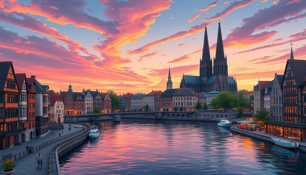 Der Kölner Dom in einem künstlichen Licht am Rhein